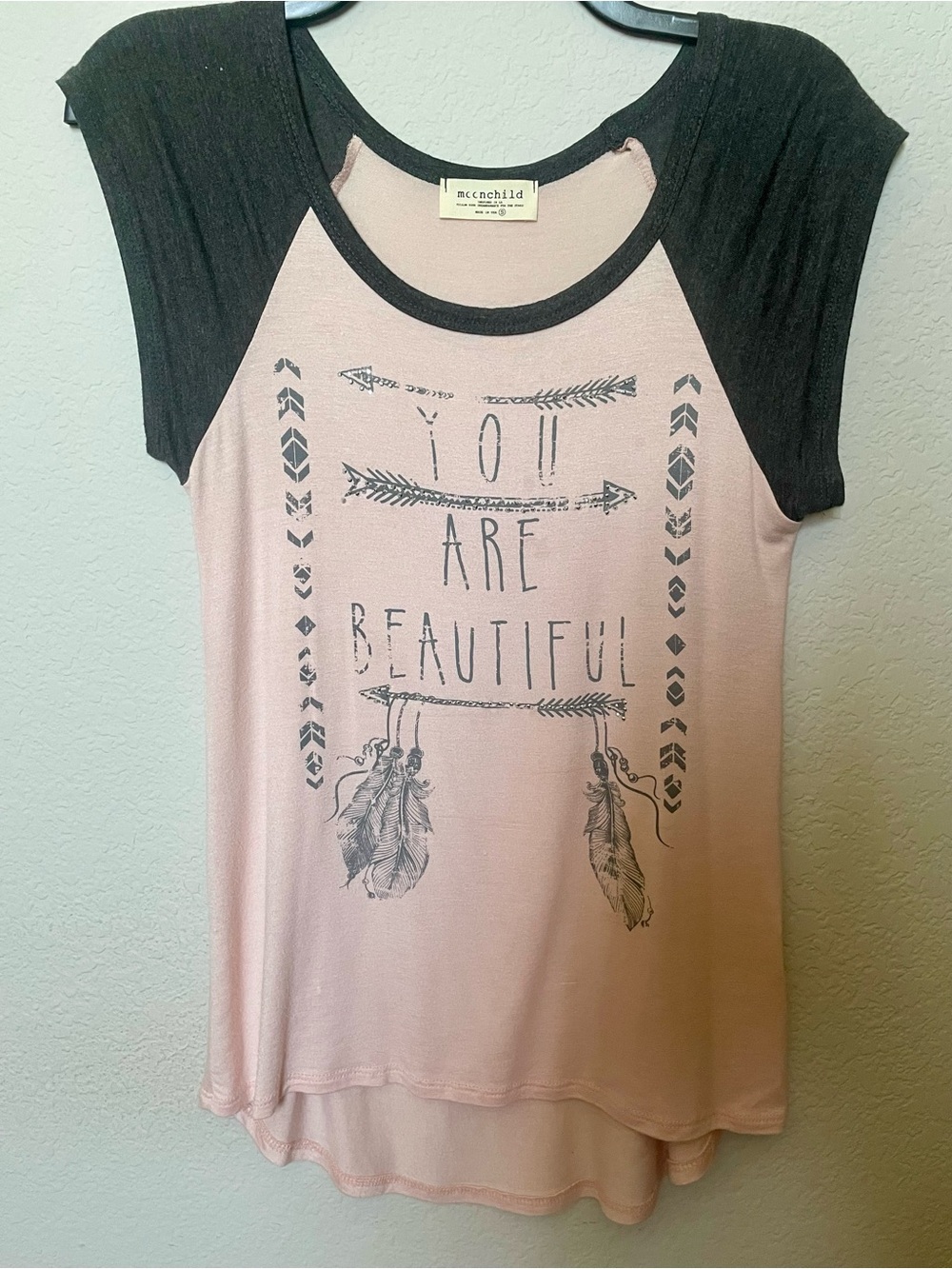 Moon child Pink and Gray Raglan Tee - 'You Are Beautiful' Graphic Small